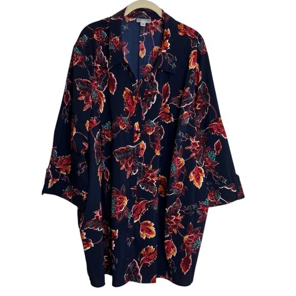Catherines Womens Blouse 4X Navy Red Floral Button Front 3/4 Sleeves Plus Size - Picture 1 of 6